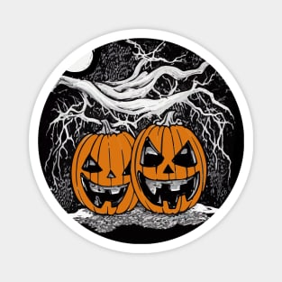 Pumpkin face scary with dark forest and full moon, cute Halloween Magnet